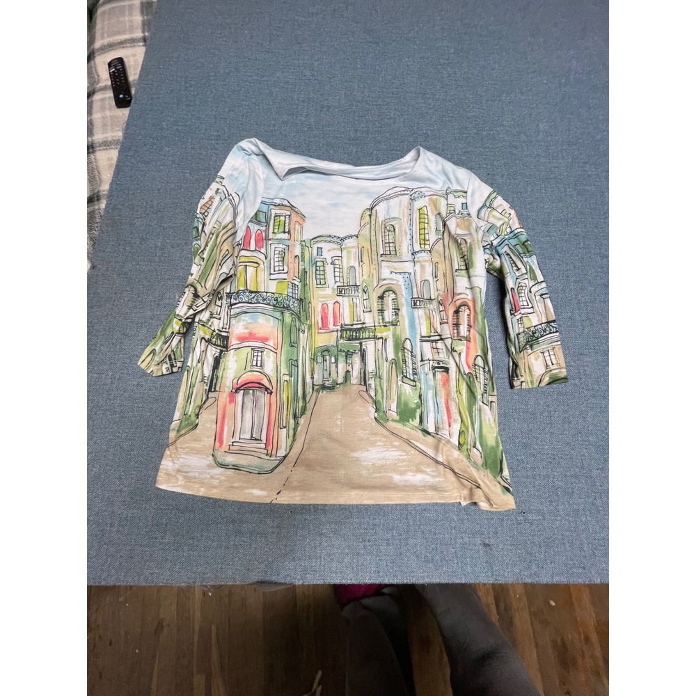 Allison Daley Plus 1X Watercolor Street Scene Print 3/4 Sleeve Top Multi Color